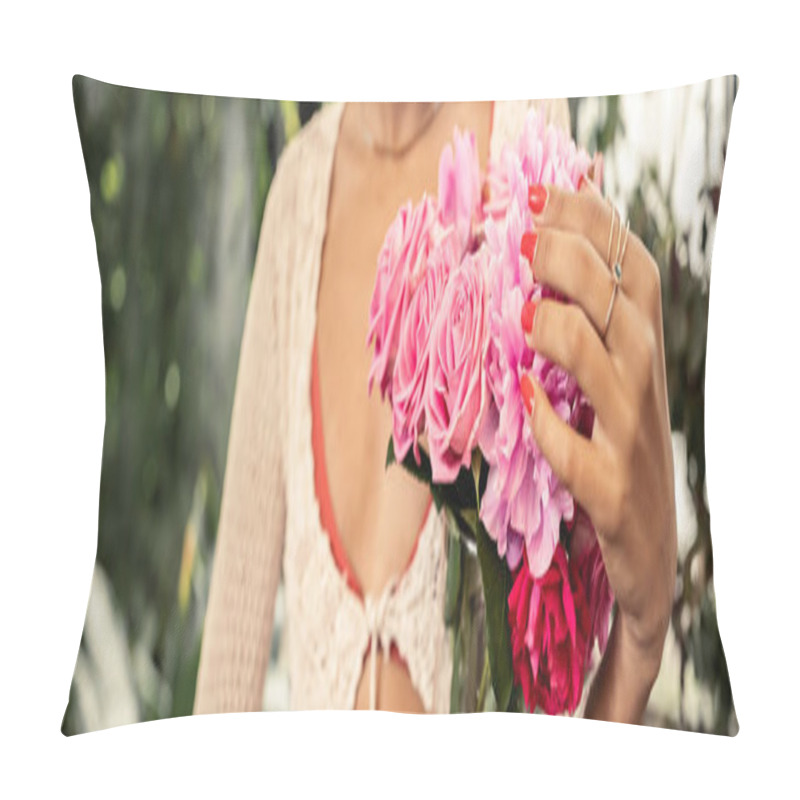 Personality  Cropped View Of Blurred Young African American Woman In Knitted Top Holding Vase With Pink Roses In Blurred Indoor Garden At Background, Trendy Woman With Tropical Flair, Banner  Pillow Covers