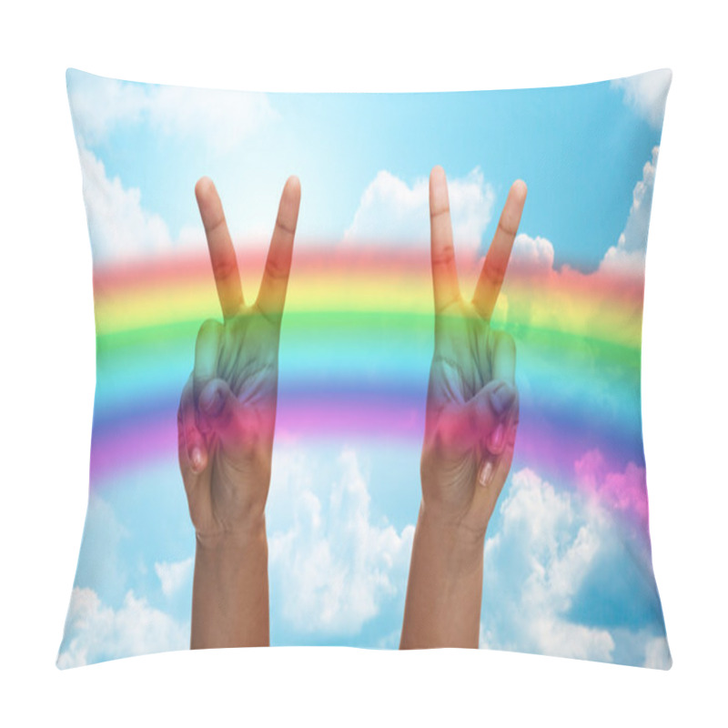 Personality  Hands Showing Peace Sign Over Rainbow In Sky Pillow Covers