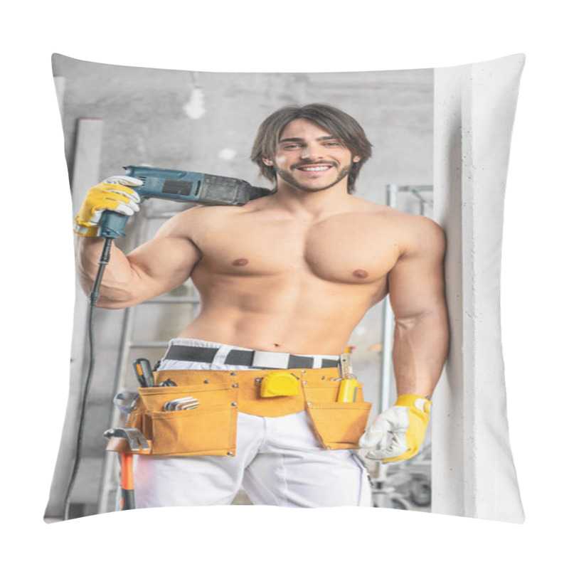 Personality  Smiling Sexy Muscular Builder Posing Shirtless With A Toll Belt Around His Hips And Power Drill Slung Over His Shoulder Inside A Room Under Construction Pillow Covers