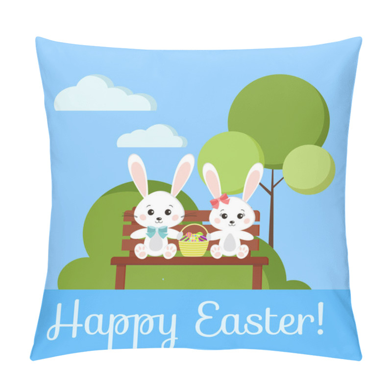 Personality  Happy Easter Greeting Card With Boy And Girl Sweet Bunny Rabbits On Wooden Bench Holding Easter Wicker Basket With Colorful Eggs On Spring Landscape Background. Vector Illustration Flat Cartoon Style. Pillow Covers