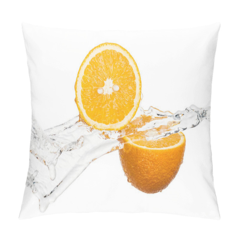 Personality  Fresh Orange Halves With Water Stream Isolated On White Pillow Covers