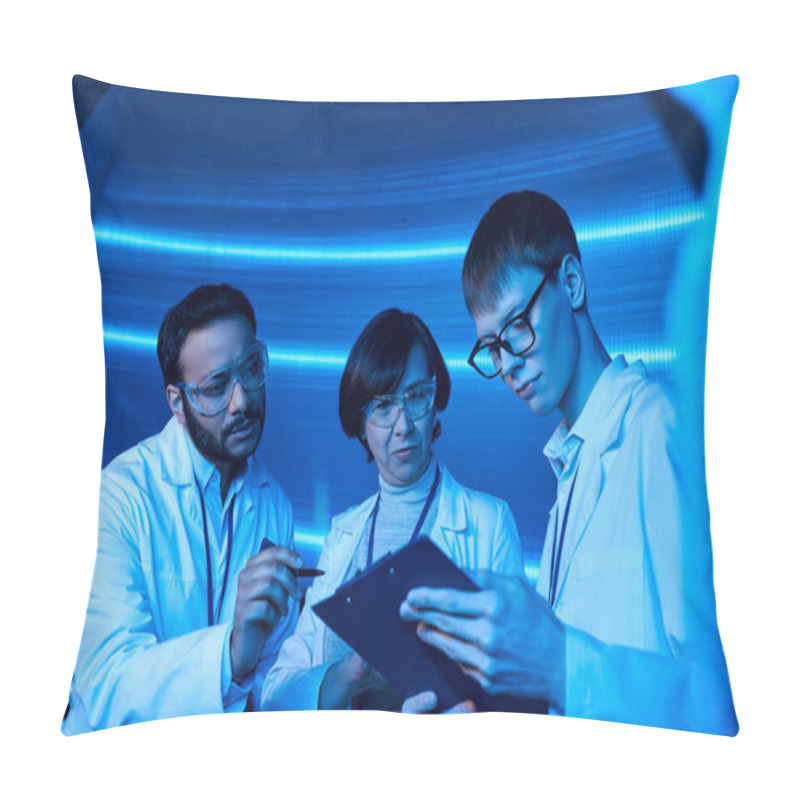 Personality  Advanced Learning, Indian Scientist Pointing At Clipboard Near Young Intern In Discovery Center Pillow Covers