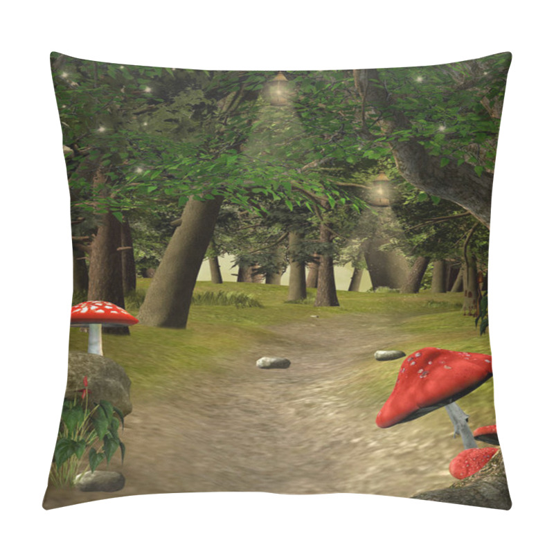 Personality  Pathway In The Bright Forest With Red Mushrooms, 3D Illustration Pillow Covers