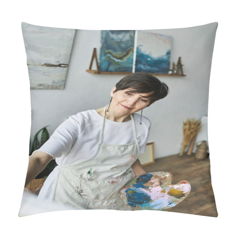 Personality  A Mature Woman Passionately Paints In Her Bright Art Studio. Pillow Covers