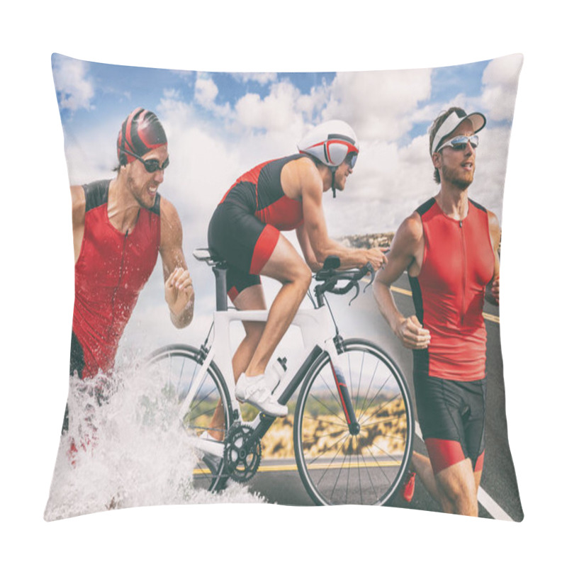 Personality  Triathlon Swim Bike Run Triathlete Man Training For Ironman Race Concept. Three Pictures Composite Of Fitness Athlete Running, Biking, And Swimming In Ocean. Professional Cyclist, Runner, Swimmer Pillow Covers