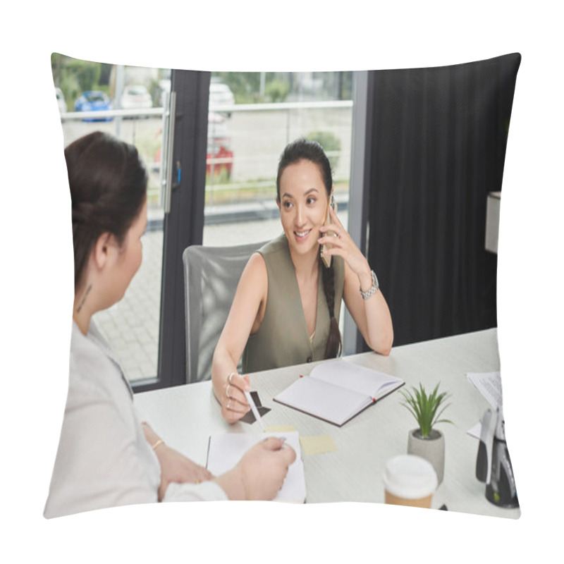 Personality  Two Professional Women Discuss Ideas While Collaborating In A Stylish Office Setting. Pillow Covers