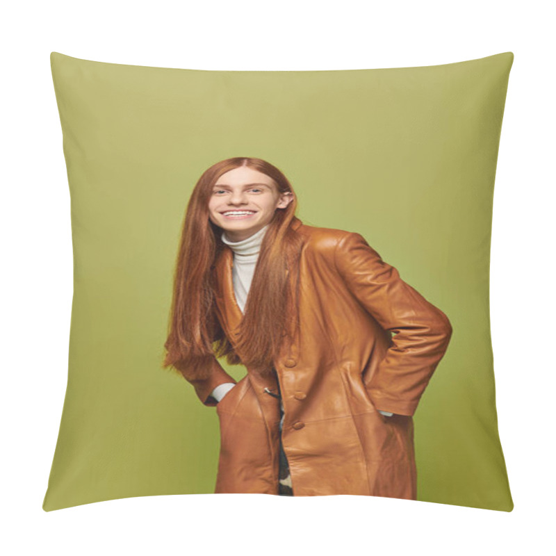 Personality  A Young Man With Long Red Hair Expresses His Emotions Joyfully In A Lively Green Background. Pillow Covers