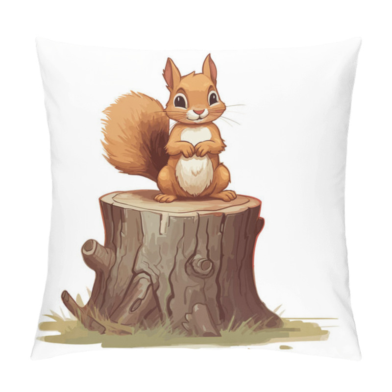 Personality  Cartoon Funny Squirrel Holding Pine Cone On Tree Stump. Pillow Covers