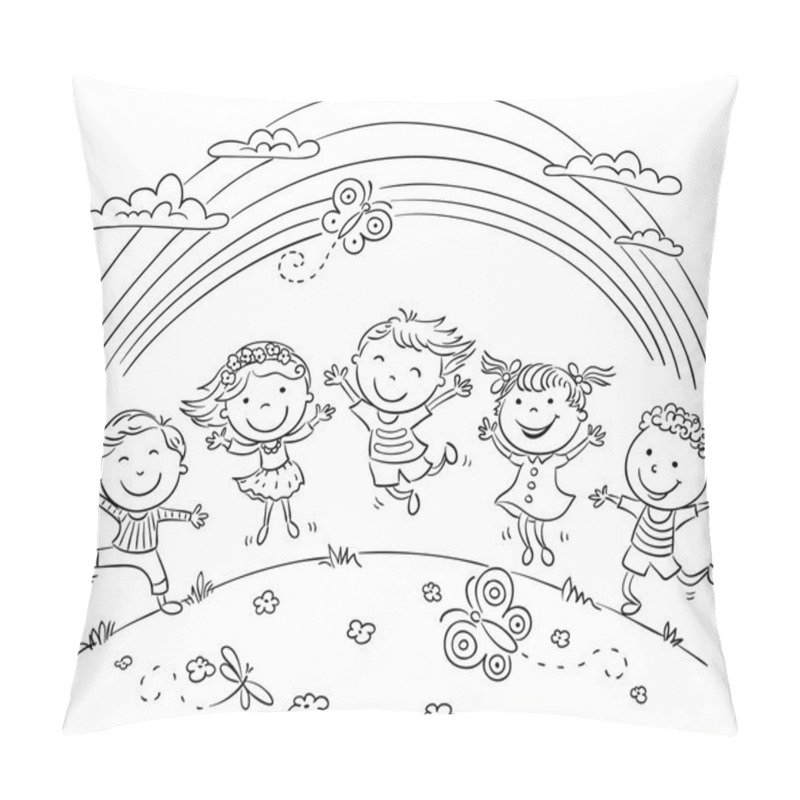 Personality  Kids Jumping With Joy On A Hill Under Rainbow Pillow Covers