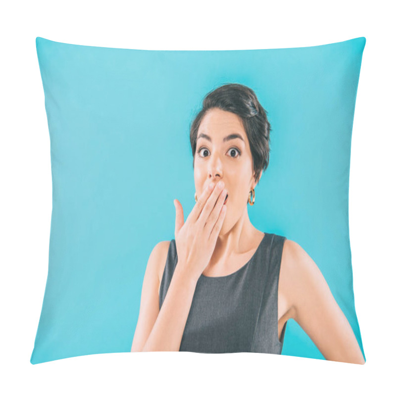 Personality  Shocked Mixed Race Woman Covering Mouth With Hand While Looking At Camera Isolated On Blue Pillow Covers