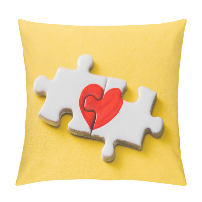 Personality  Connected Puzzle Pieces With Drawn Red Heart On Yellow  Pillow Covers