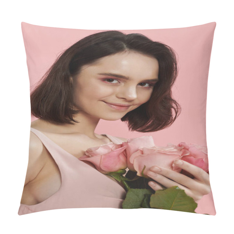 Personality  A Young Woman With Short Dark Hair Holds A Bouquet Of Pink Roses Against A Pink Backdrop. Pillow Covers