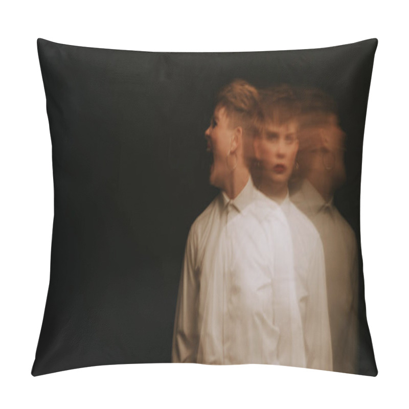 Personality  Psychopath With Mental Disorders And Insanity On A Dark Background. A Blurry Portrait Of A Woman In A Straitjacket Pillow Covers