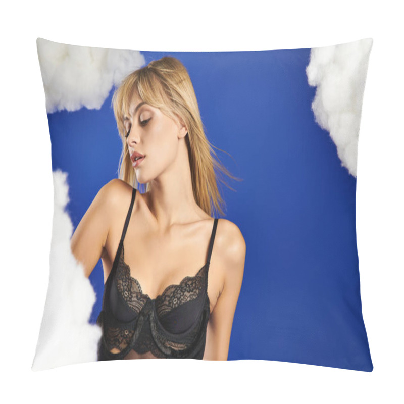 Personality  Alluring Blonde Woman In Black Lingerie Among Fluffy Clouds And Blue Sky. Pillow Covers