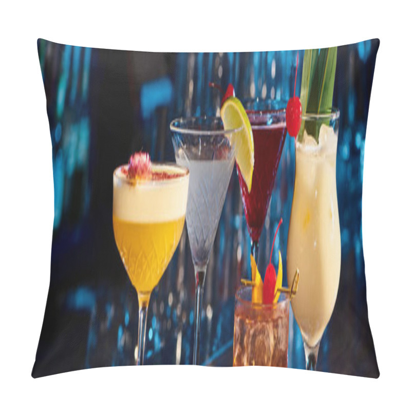 Personality  Refreshing Set Of Delicious Cocktails Garnished With Ice And Fruits, Concept, Banner Pillow Covers