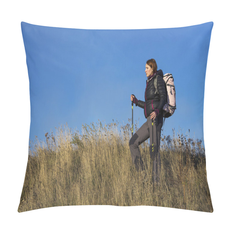 Personality  Female Backpacker Ascends Steep Hill Pillow Covers