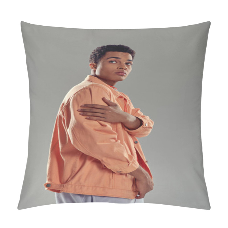 Personality  Handsome Man In Peach Shirt Standing Against Grey Wall, Fashion Sense Showing His Personality Pillow Covers