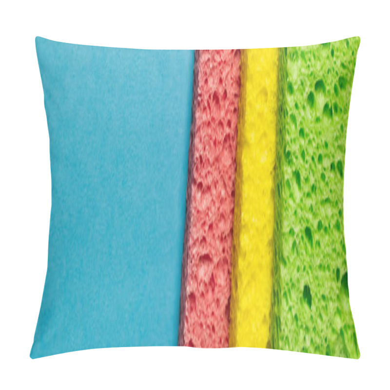 Personality  Close Up View Of Green, Yellow And Pink Sponge Rags On Blue Background, Banner Pillow Covers