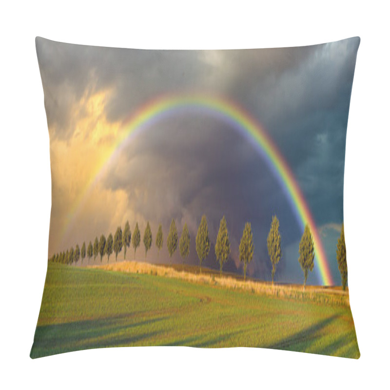 Personality  Scenic View Of Rainbow Over Green Field  Pillow Covers