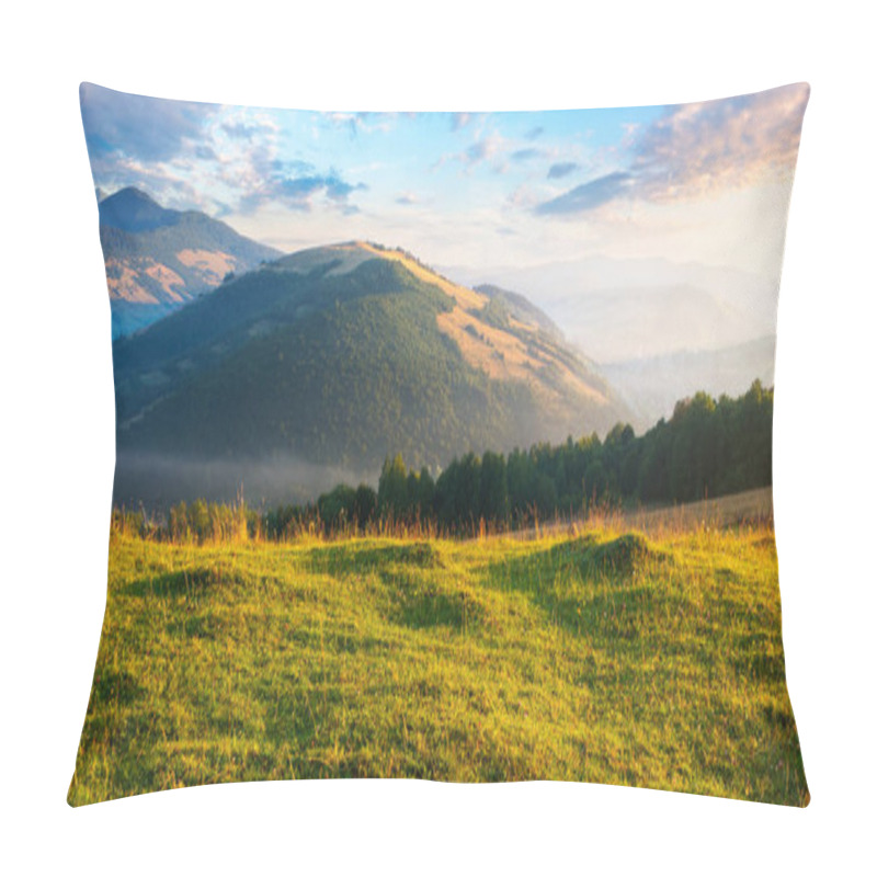 Personality  Grassy Pasture On The Hill In Morning Light. Beautiful Countryside Landscape Of Carpathian Mountains At Sunrise. Rural Valley At The Foot On The Distant Ridge Pillow Covers