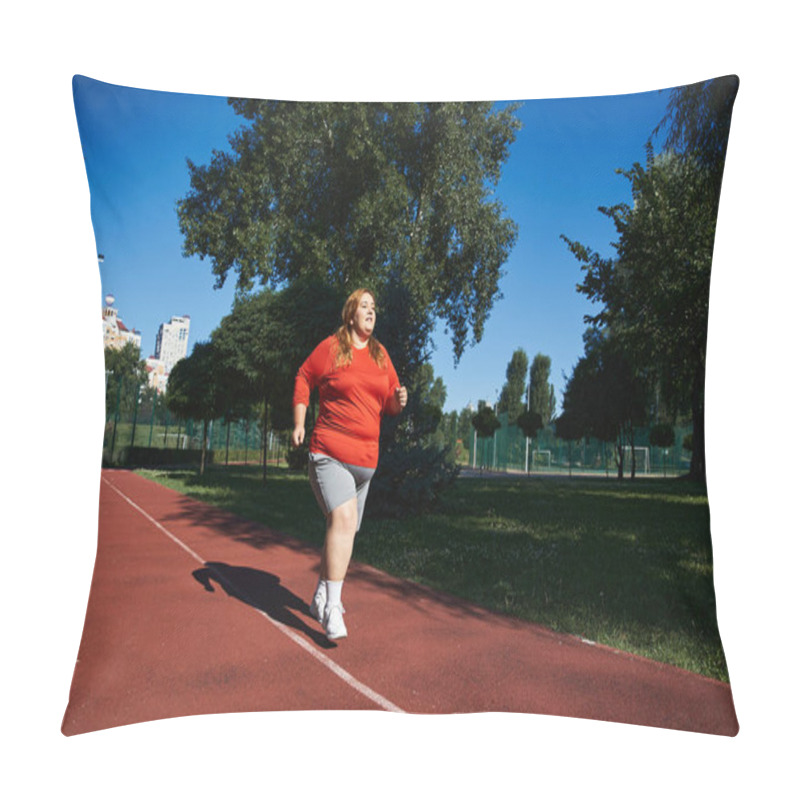 Personality  A Plus Size Woman Enjoys Jogging Along A Vibrant Park Path On A Sunny Day. Pillow Covers