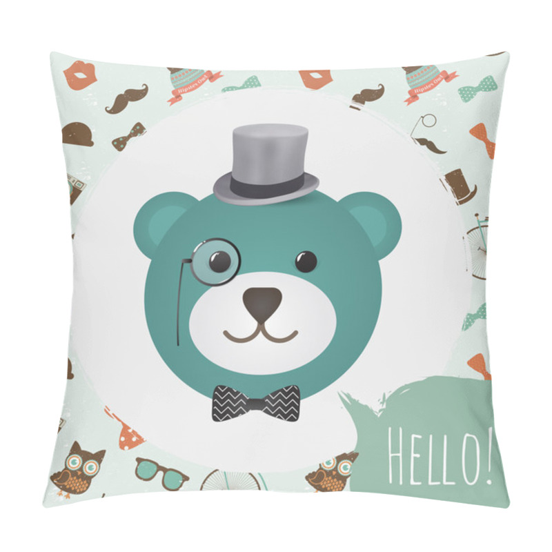 Personality  Hipster Bear Head Card Vector Illustration Pillow Covers