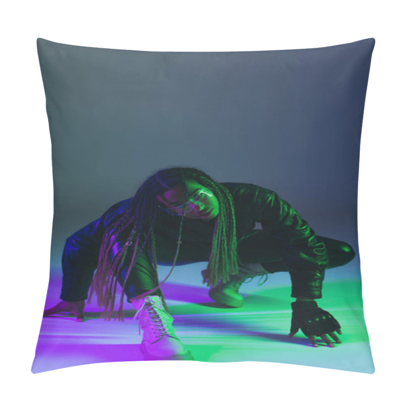 Personality  Full Length Of Stylish African American Woman In Smart Glasses Looking At Camera On Blue Background  Pillow Covers