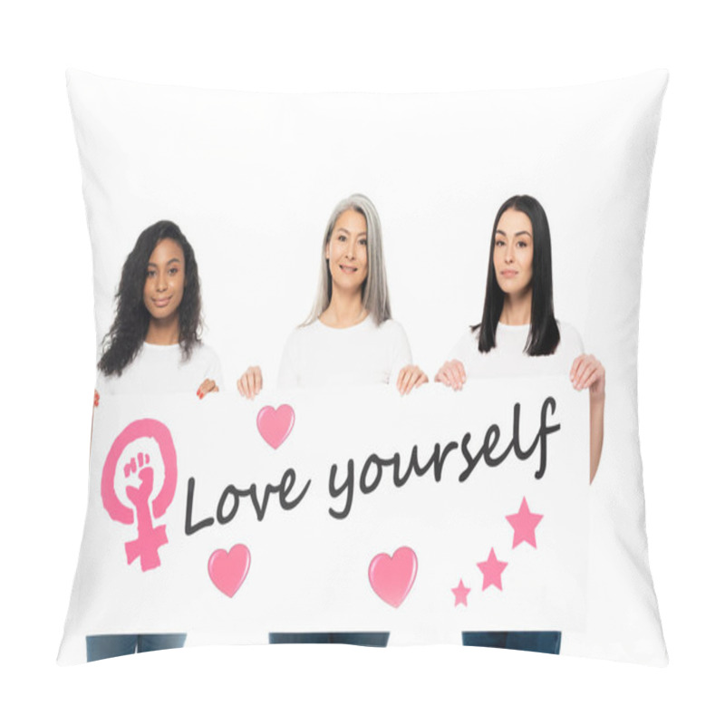 Personality  Happy Multicultural Women Holding Poster With Love Yourself Lettering Isolated On White  Pillow Covers