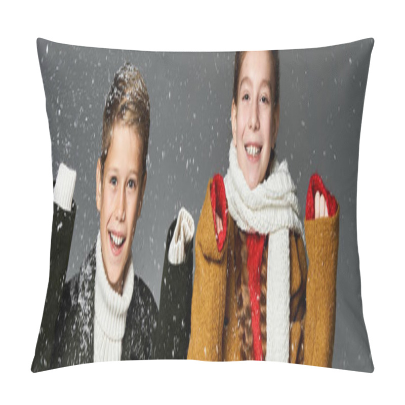 Personality  Two Happy Kids In Warm Clothes Enjoy The Snowfall Around Them. Pillow Covers