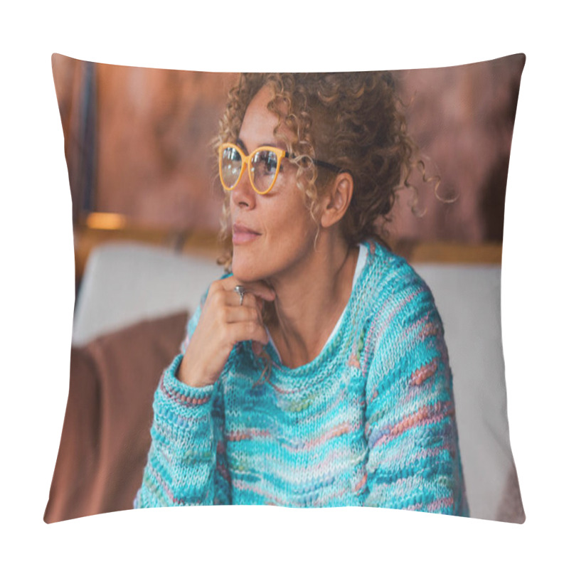 Personality  Serene Pretty Adult Woman At Home After Online Use Of Laptop Computer Sitting On The Sofa And Looking Outside. Happy Modern Female  Relax Indoor In Living Room And Smile Pillow Covers