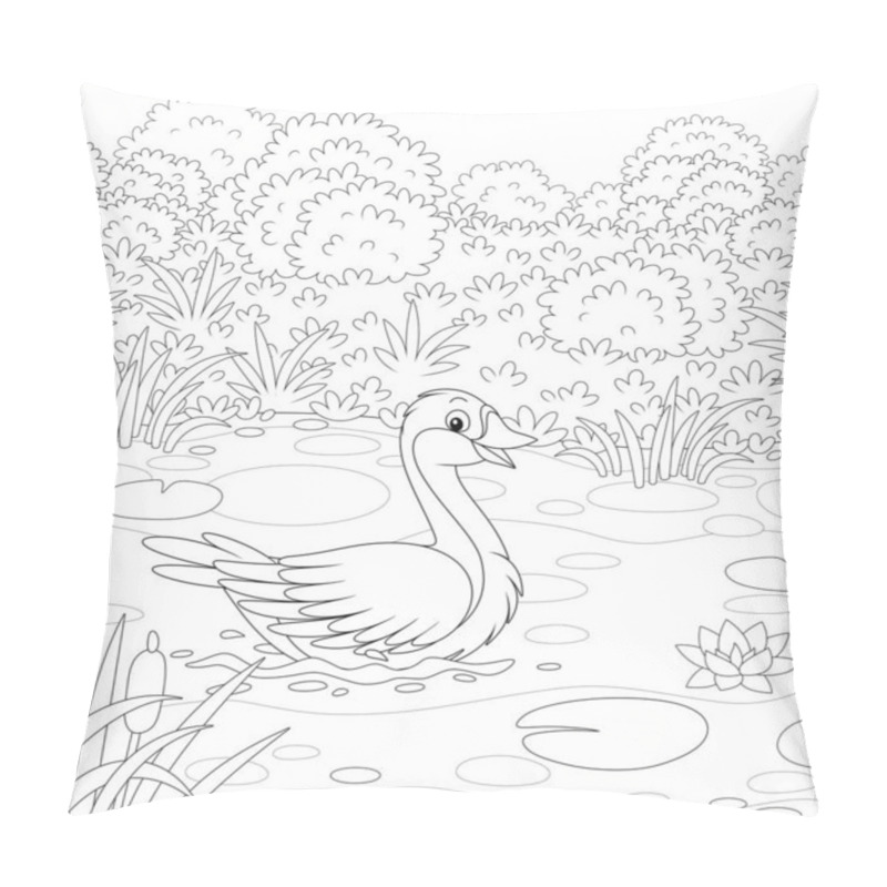 Personality  Big Wild Goose Swimming Among Reeds, Floating Leaves And Flowers Of Water Lily In A Small Lake On A Meadow On A Warm Summer Day, Black And White Vector Cartoon Illustration For A Coloring Book Page Pillow Covers