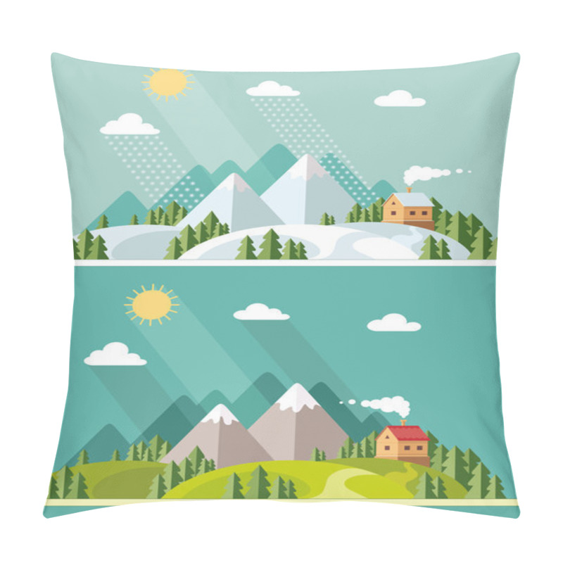 Personality  Summer And Winter Landscape. Beautiful House On The Hill Among T Pillow Covers