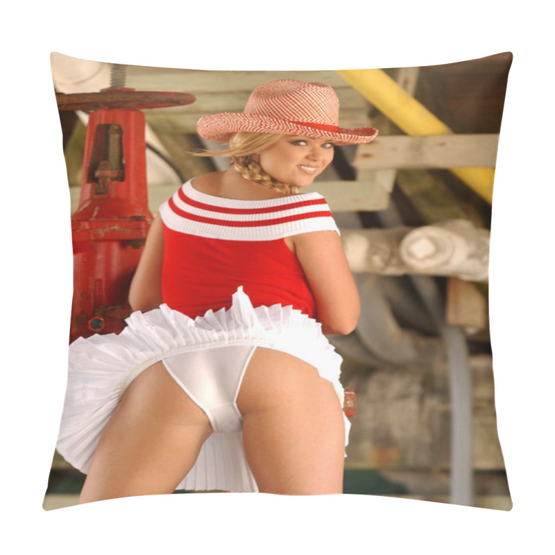 Personality  Ponytails And Cowboy Hat On Adorable Blonde - Red Stripped Shoulder Less Sweater   White Pleated Skirt - Cotton Panties  Naughty School Girl - Naughty Cowgirl - Naughty Cheerleader - Tone Butt Cheeks Backside Rear End Behind View Of Curved Buttocks Pillow Covers