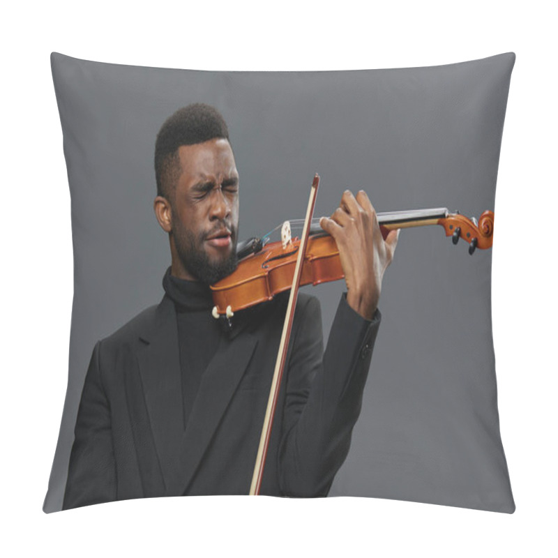 Personality  African American Man In Black Suit Playing Violin On Gray Background In Elegant Musical Performance Concept Pillow Covers