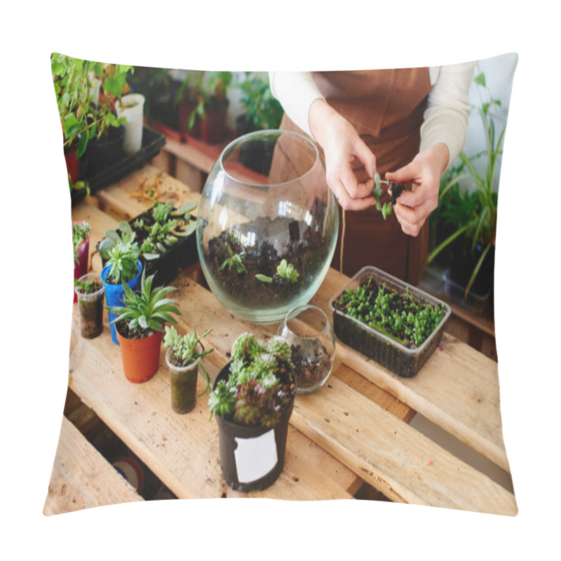 Personality  Woman Florist Growing House Plants And Flowers In Mini Terrarium, Female Hobby Concept, Close-up   Pillow Covers