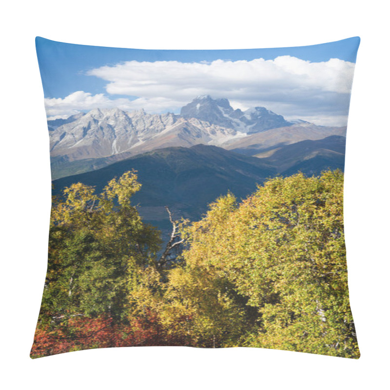 Personality  Autumn In Zemo Svaneti, Georgia. Top Ushba In Clouds. View From Mount Mkheer. Landscape With Birch Forest On The Hillside. Main Caucasian Ridge Pillow Covers