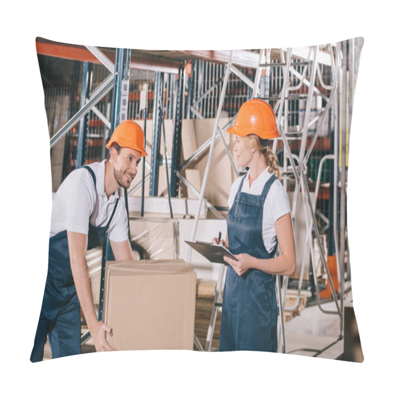 Personality  Smiling Loader Holding Cardboard Box And Looking At Workwoman With Clipboard Pillow Covers