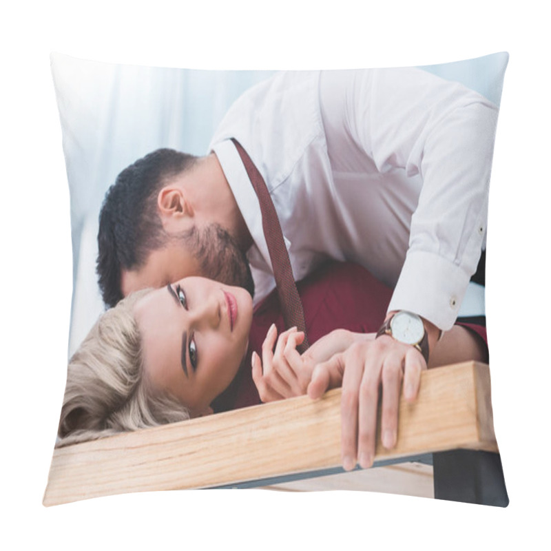 Personality  Businessman Kissing Beautiful Young Businesswoman On Table In Office Pillow Covers