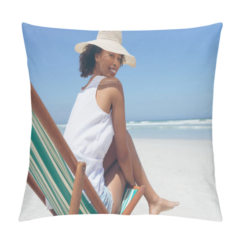 Personality  Portrait Of Young Mixed-race Woman Giving Pose While Sitting On Sun Lounger At Beach On Sunny Day. She Is Smiling And Looking At Camera Pillow Covers