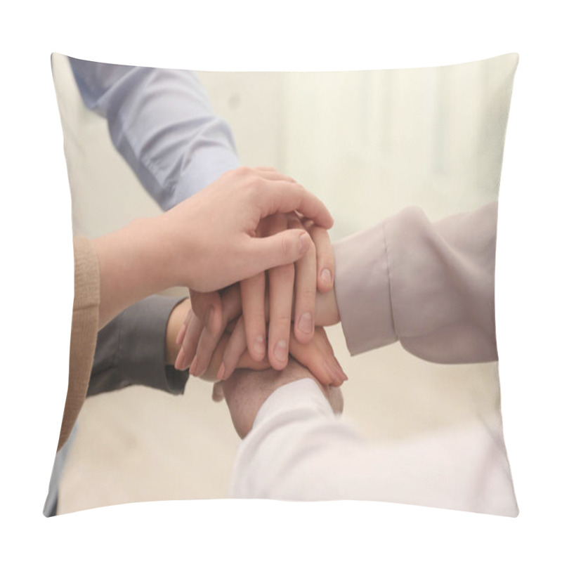 Personality  Group Of People Holding Their Hands Together On Blurred Background, Closeup Pillow Covers