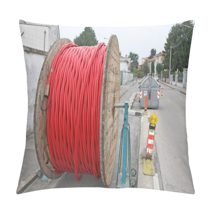 Personality  Spool Of Cable And Fiber Optics In The Road During The Outdoor A Pillow Covers