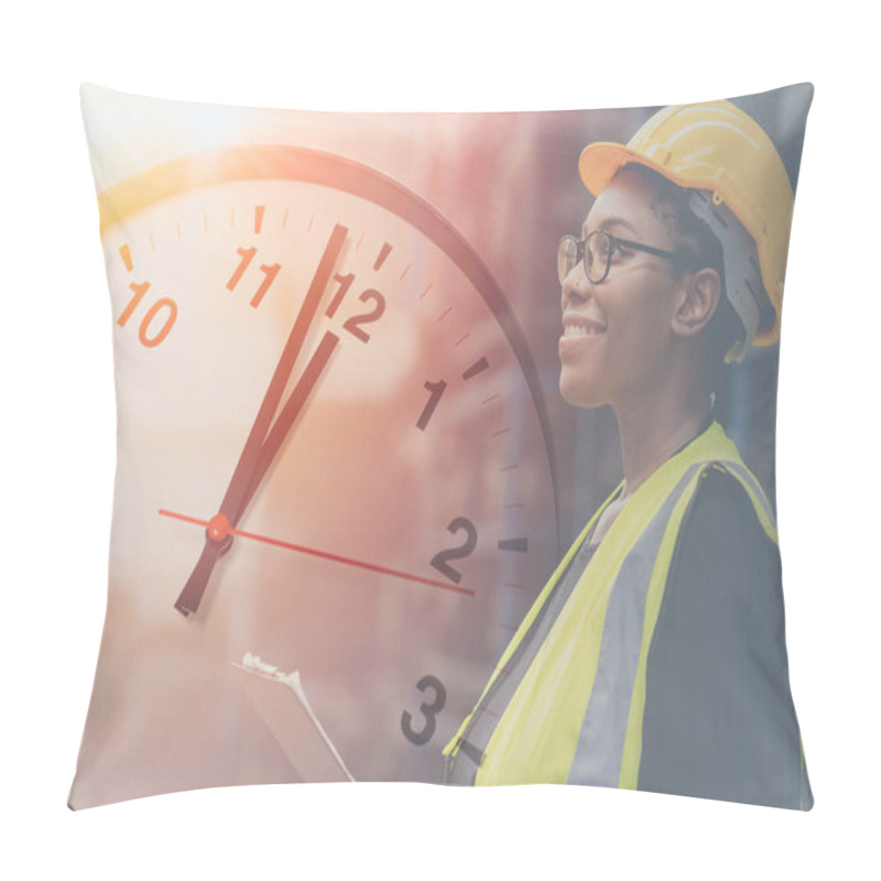 Personality  Engineer Black Smart Woman Worker In Factory Overlay With Time Clock For Working Hours Concept. Pillow Covers