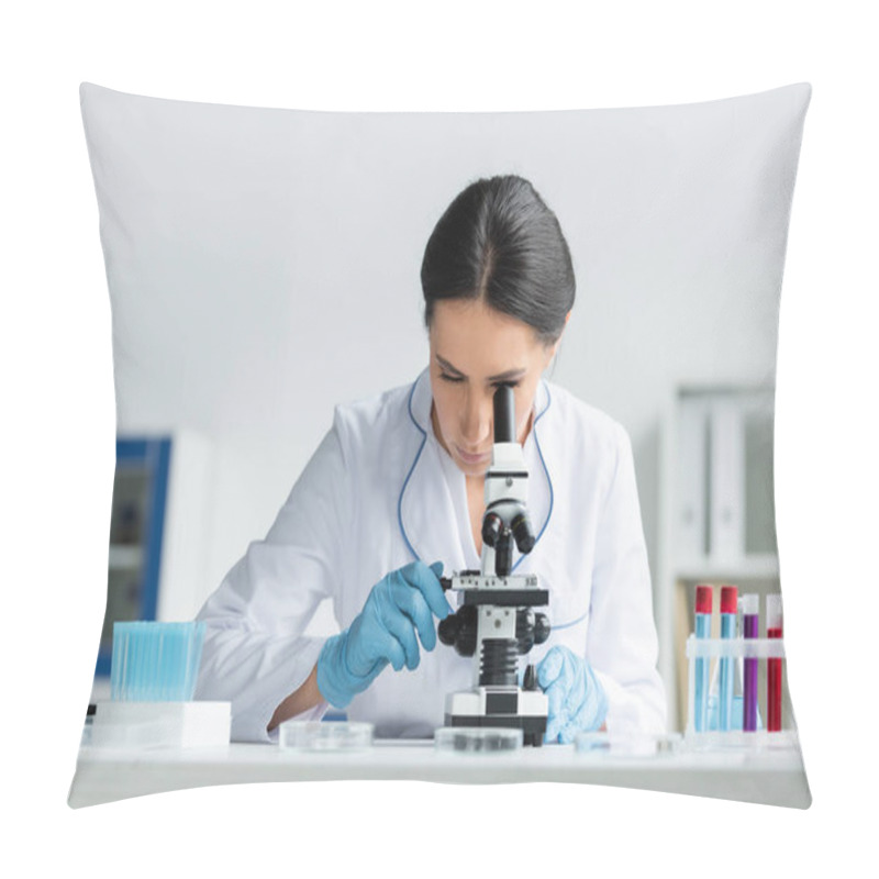 Personality  Scientist In Latex Gloves Using Microscope Near Test Tubes With Samples In Lab  Pillow Covers