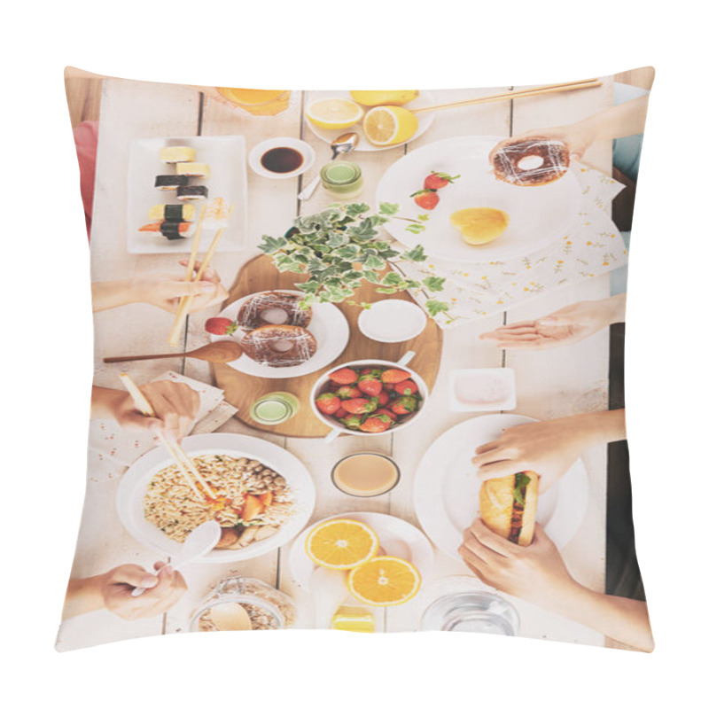 Personality  People Having Asian Food, Sandwiches And Donuts For Lunch Pillow Covers