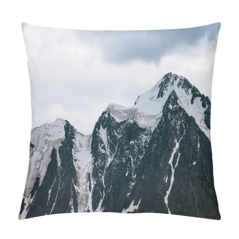 Personality  Wonderful Glacier Close-up. Snowy Dark Mountain Top In Cloudy Sky. Rocky Ridge With Snow In Overcast Weather. Amazing Mountain Range In Mist. Atmospheric Minimalist Landscape Of Majestic Nature. Pillow Covers