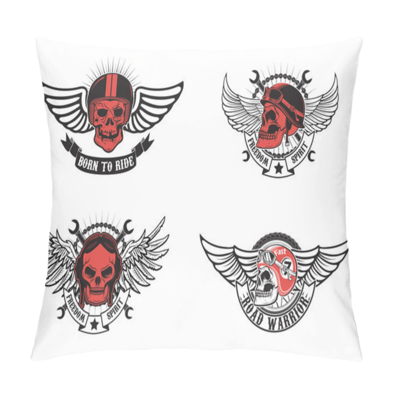 Personality  Born To Ride, Freedom Spirit. Set Of Winged Skulls In Motorcycle Pillow Covers