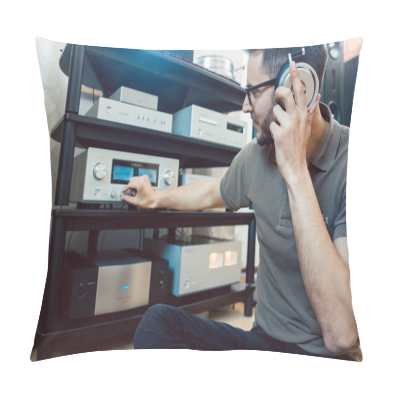 Personality  Man Turning Up The Volume On Home Hi-Fi Stereo Pillow Covers