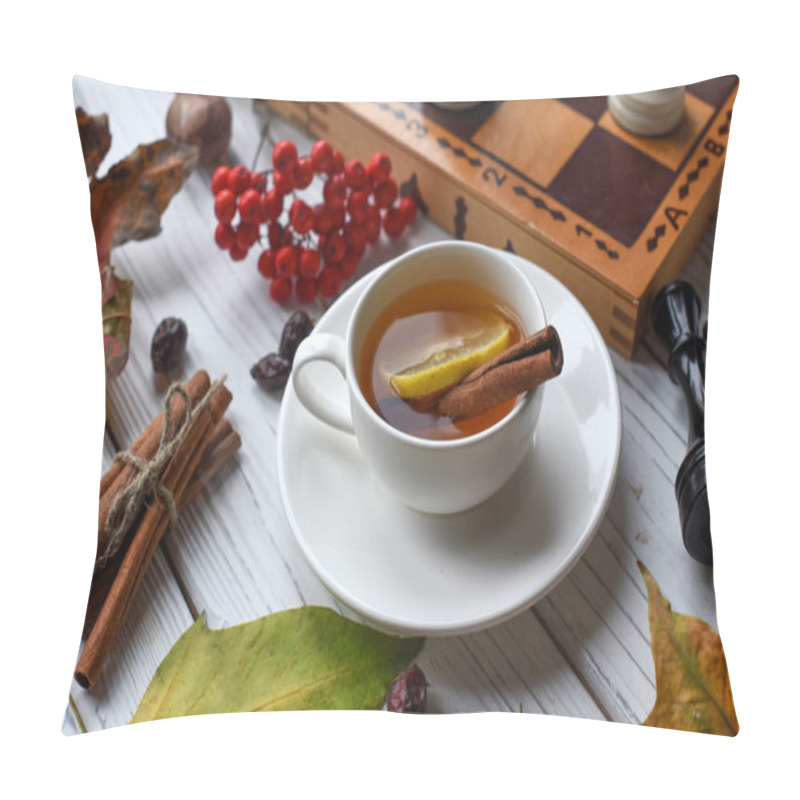 Personality  A Cozy Photo With Two Cups Of Tea, Board With Unfinished Chess Game, Autumn Leaves And Cinnamon Sticks Pillow Covers