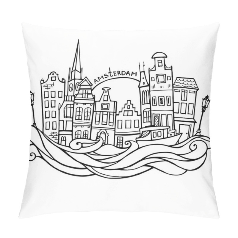 Personality  Background With Hand Drawn Doodle Amsterdam Houses. Isolated Black And White. Illustration Vector. Pillow Covers