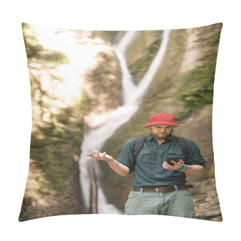 Personality  Hiker Holds Smartphone Trying To Find Connection In Deep Forest With Waterfalls. Pillow Covers